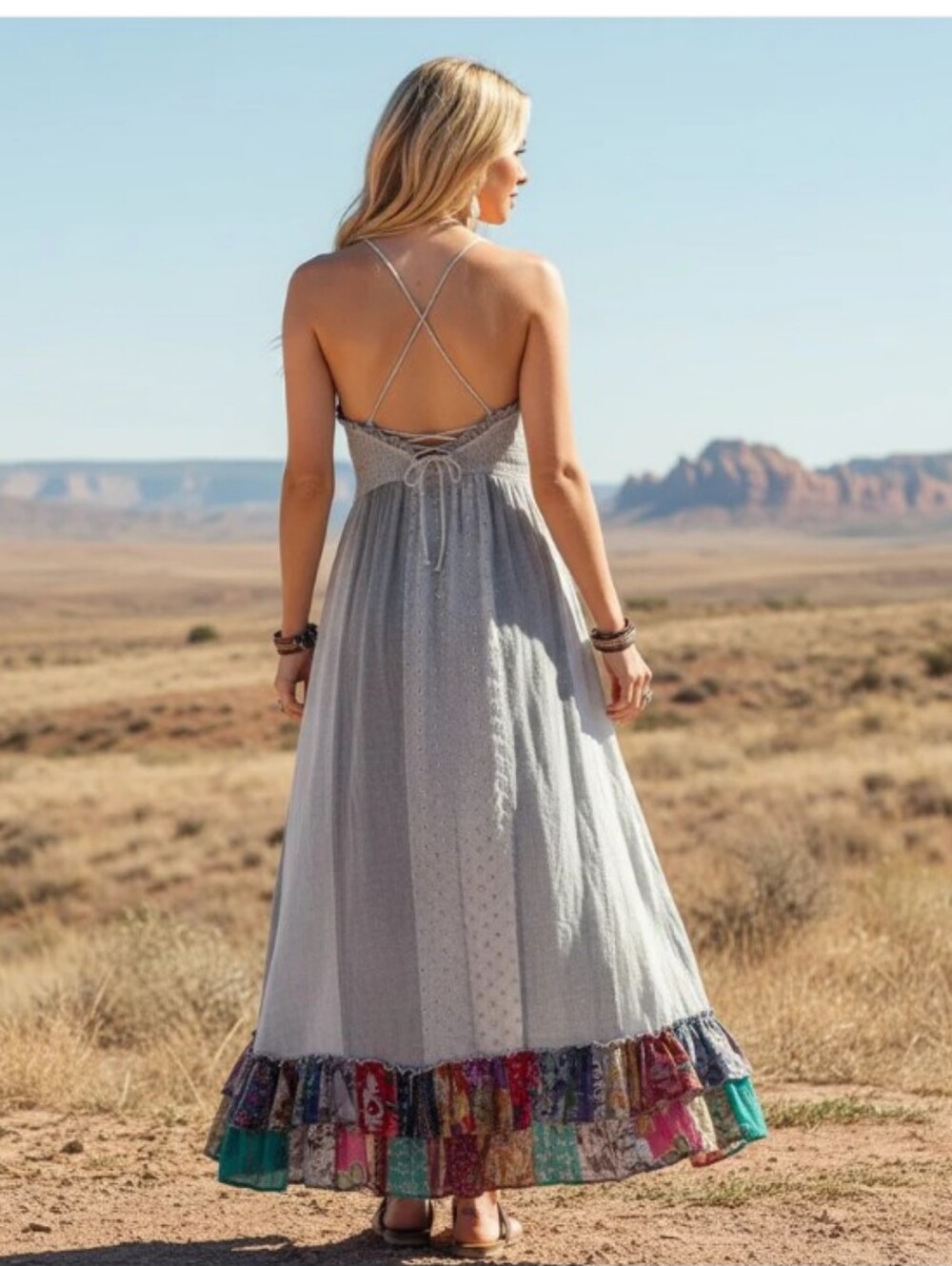 ($59) Jul Young Threads Gray Smocked Corset Back Patchwork Ruffle Bottom Dress S